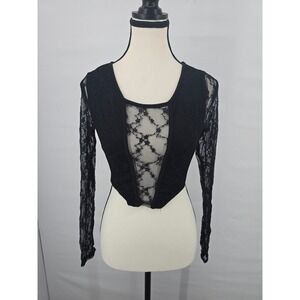 One By One Womens Black Lace Long Sleeve Crop Top Sheer Mesh Panel Size S